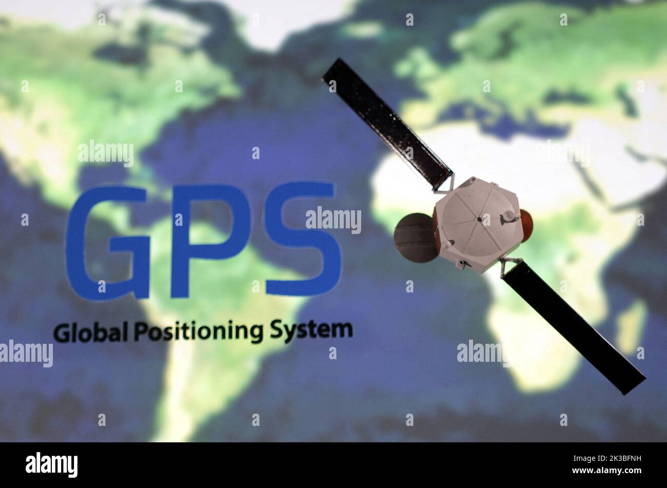 GPS (Global Positioning System) logo and Satellite model placed on the map are seen in this illustration taken, September 25, 2022. REUTERS/Dado Ruvic/Illustration Stock Photo
