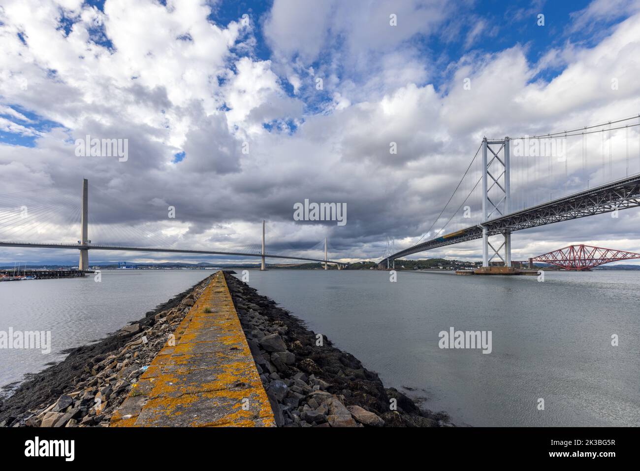 The three Forth Bridges are impressive stuctures that cross the Firth of Forth between Edinburgh and Fife in Scotland. Stock Photo