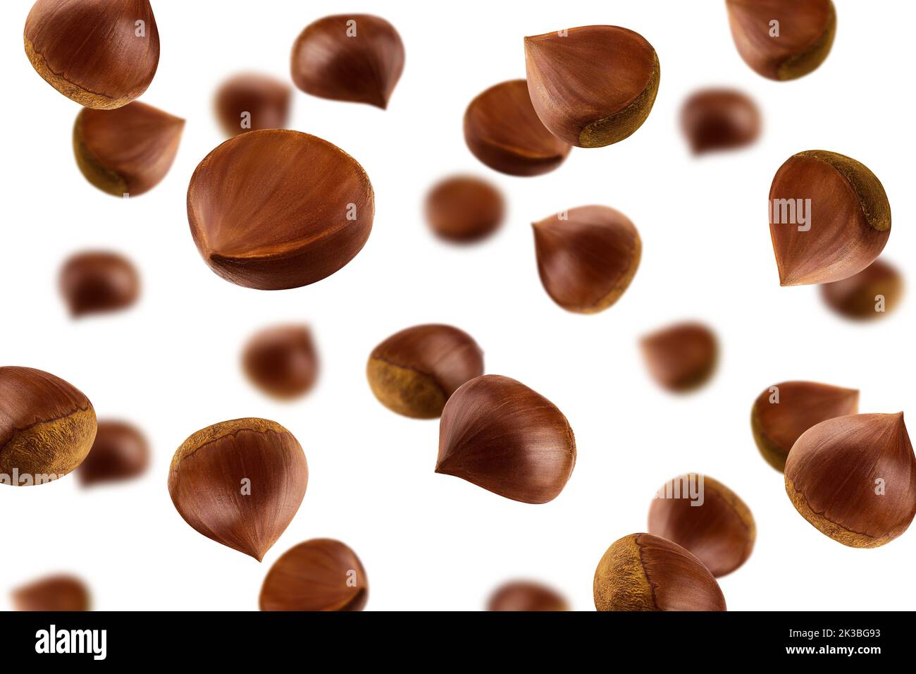 Falling Chestnuts, isolated on white background, selective focus Stock Photo
