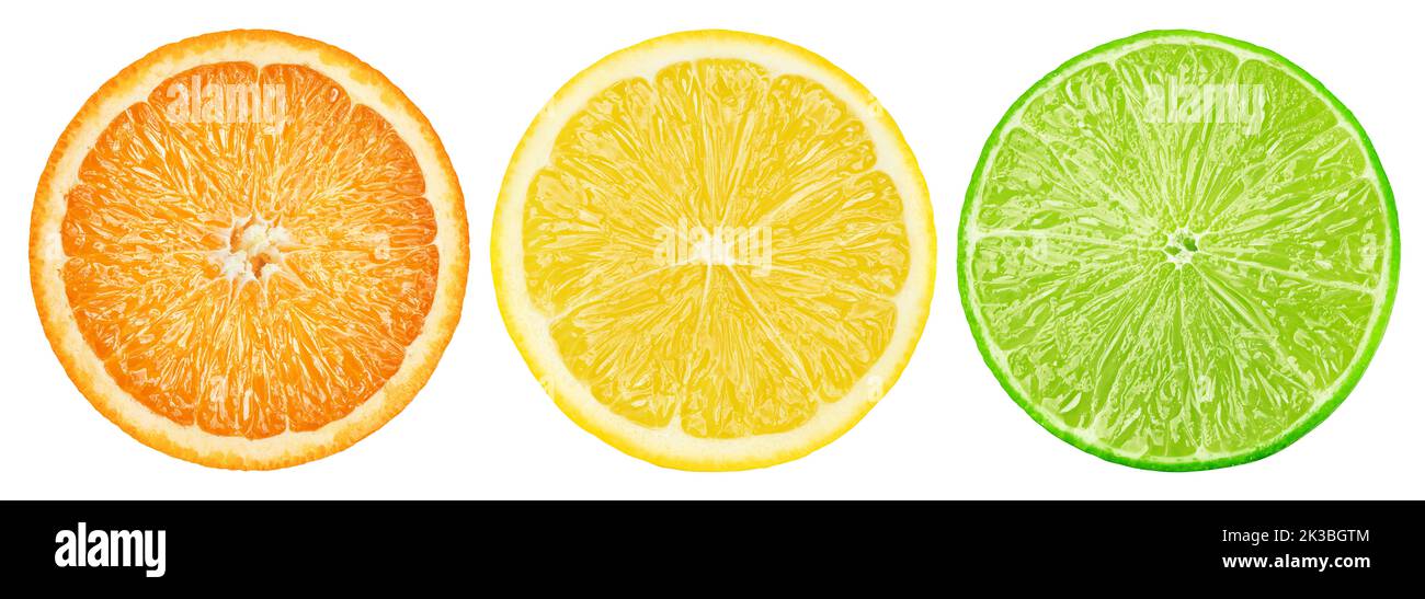 citrus slice, orange, lemon, lime, isolated on white background, clipping path Stock Photo