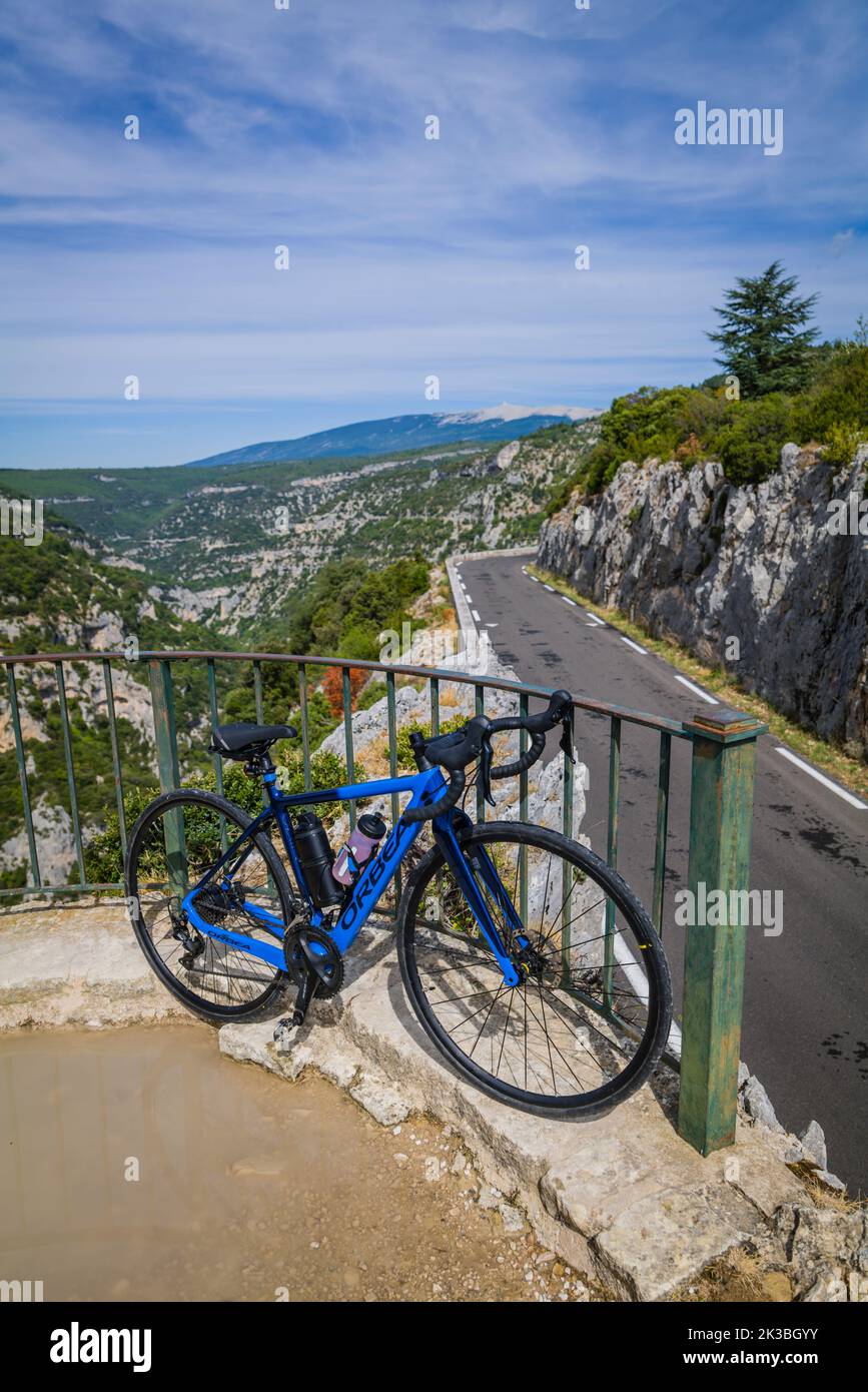Orbea electric road bike overlooking the Gorges de la Nesque, Provence, France. Stock Photo