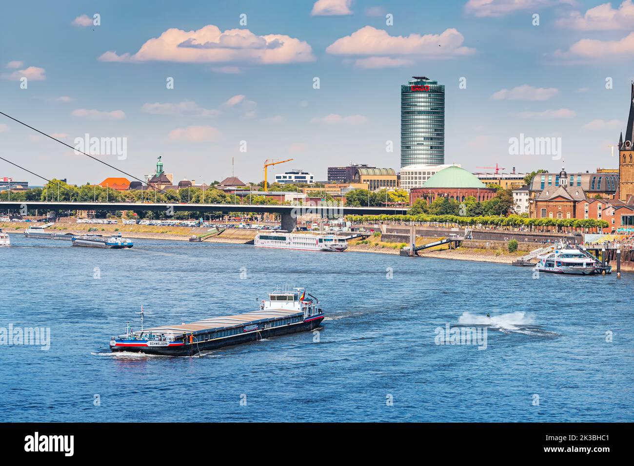23 July 2022, Dusseldorf, Germany Cargo barges and ships transport