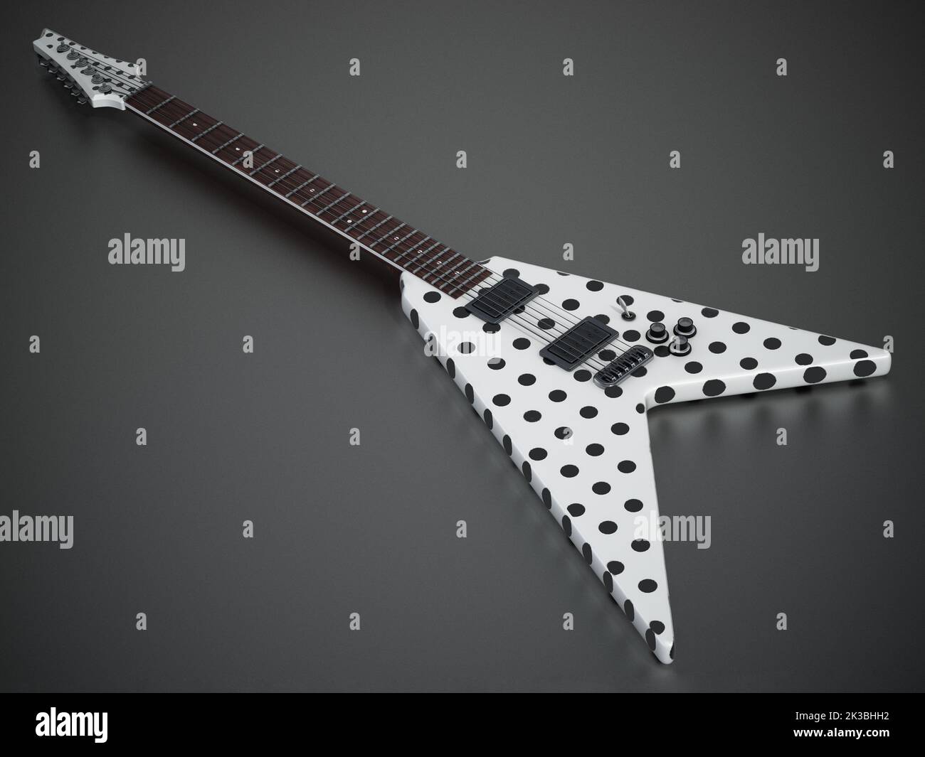 Flying V electric guitar isolated on dark background. 3D illustration. Stock Photo