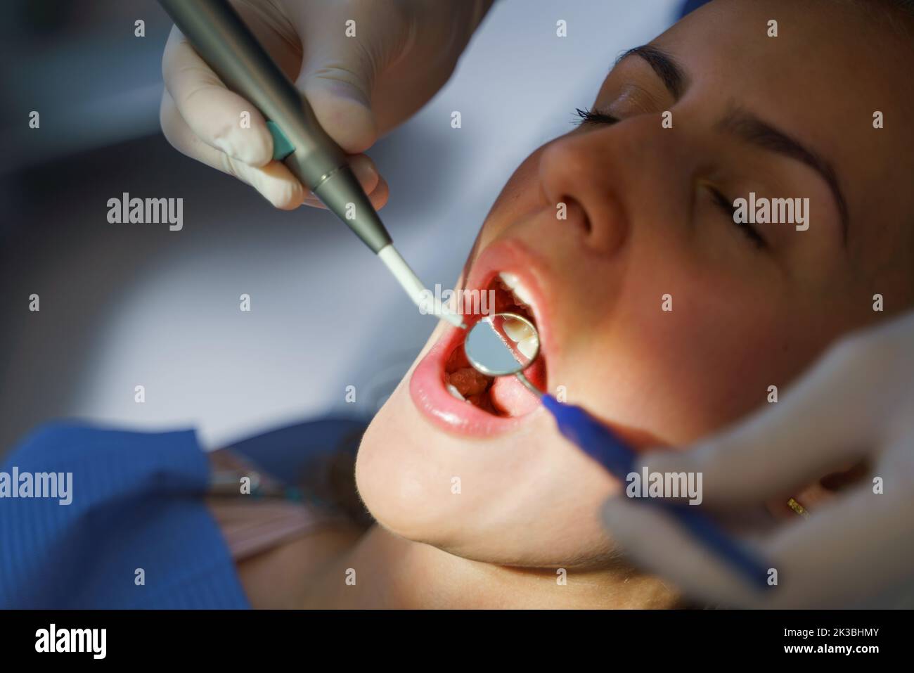 Close-up of young woman at dental examination in ambulance. Stock Photo