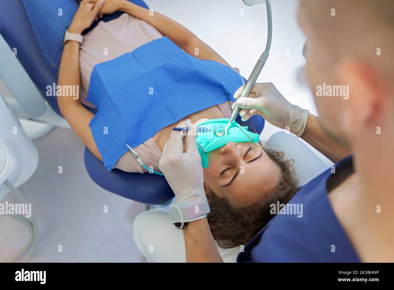 Top view of dental examination in ambulance. Stock Photo