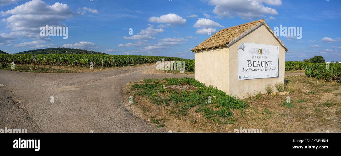 Roadside building belonging to a vineyard on the wine bike trail from Beaune, Burgundy, France. Stock Photo