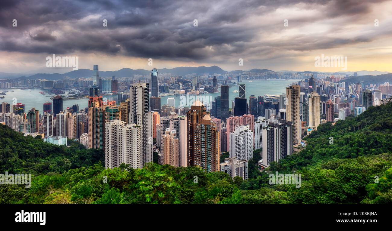 Hong Kong skyline at dramatic sunrise, Victoria harbour Stock Photo