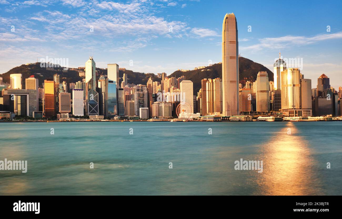 Hong Kong skyline at sunrise from kowloon side, Victoria harbour Stock Photo