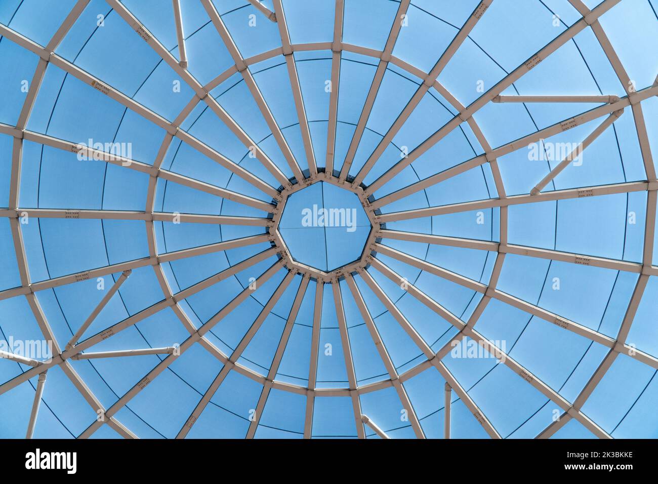 Top of the dome structure - a circle of circular steel beams Stock Photo
