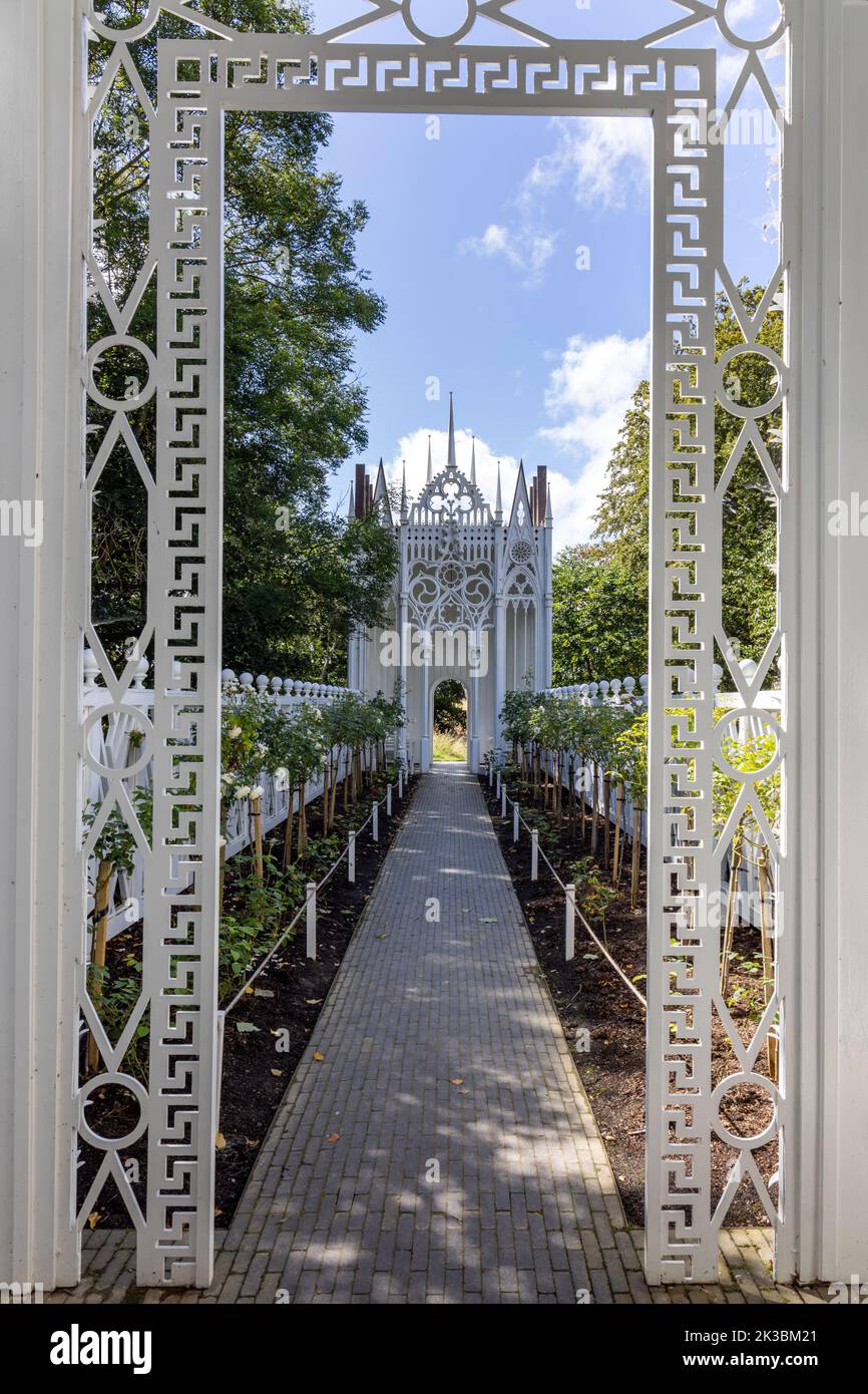 The Rose Walk , outdoor artwork by Pablo Bronstein. The Wilderness, Jupiter Artland, Wilkieston, Edinburgh, West Lothian, Scotland. Stock Photo