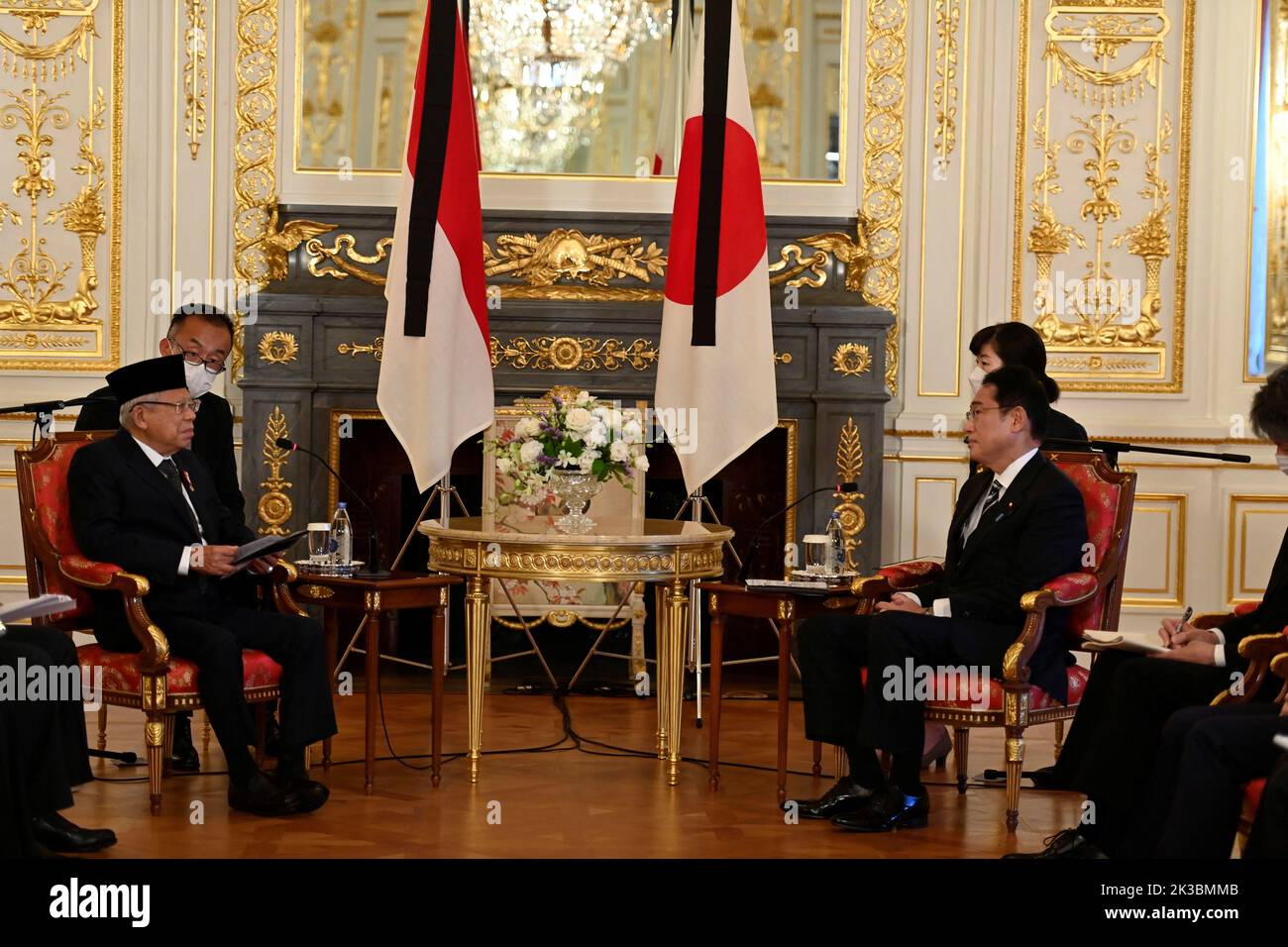 TOKYO, JAPAN - SEPTEMBER 26 : KH. Ma'ruf Amin, Vice President of Indonesia (L) and Japan's Prime Minister Fumio Kishida (R) talk during the Japan-Indonesia bilateral meeting at Akasaka Palace State Guest House in Tokyo, Japan on September 26, 2022 in Tokyo, Japan. KH. Ma'ruf Amin is visiting Japan within the state funeral for former Prime Minister Shinzo Abe that will be held on September 27, in the capital of Japan. David Mareuil/Pool via REUTERS Stock Photo