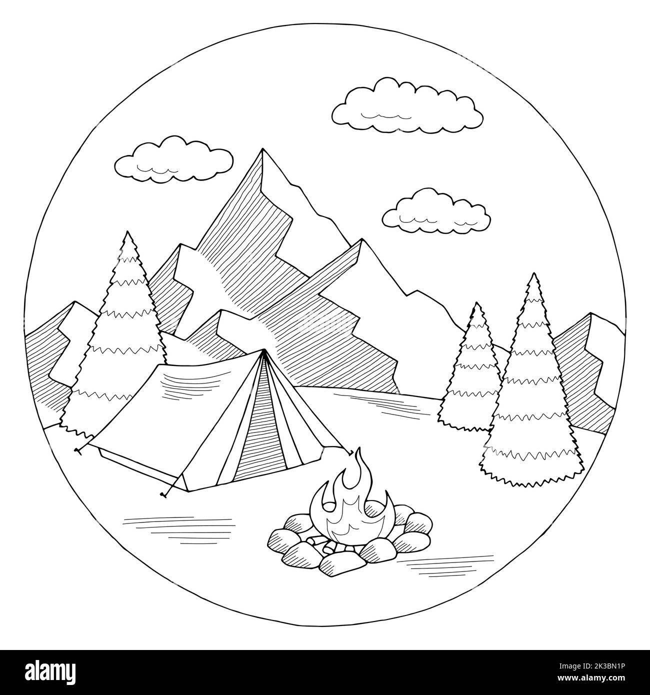 Camping round frame range graphic black white circle mountain landscape isolated sketch illustration vector Stock Vector