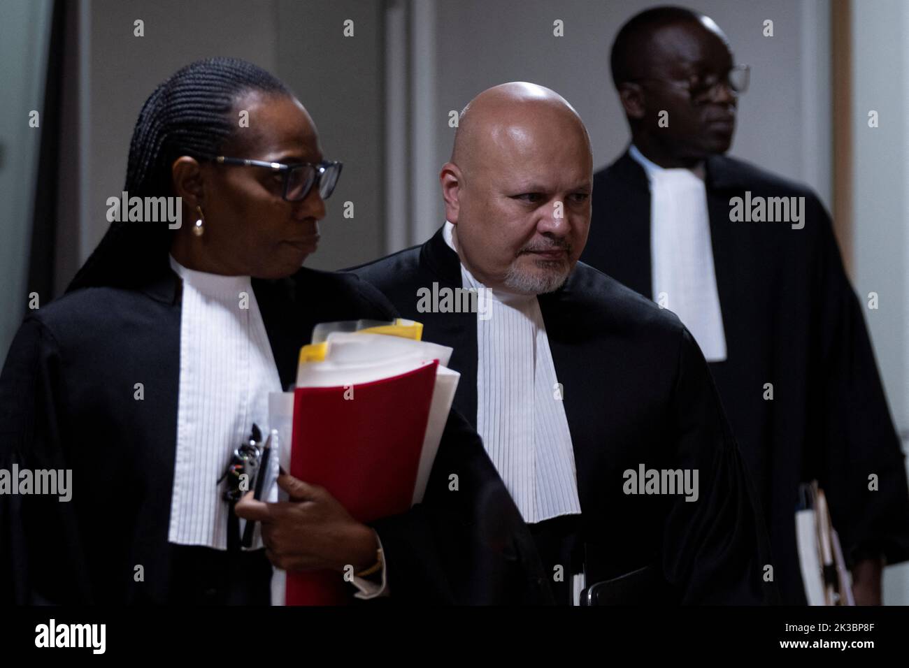 Public Prosecutor Karim Khan, centre, enters the court room for the trial of Mahamat Said Abdel Kani at the International Criminal Court in The Hague, Netherlands, Monday, Sept. 26, 2022. Peter Dejong/Pool via REUTERS Stock Photo