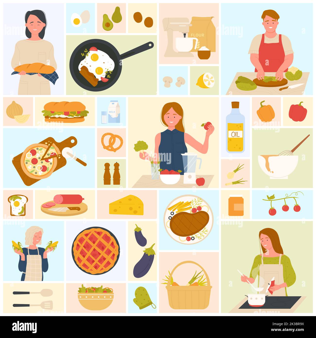 Cooking food set vector illustration. Cartoon culinary collection with people cooking meal at kitchen table, basket with vegetables and soup, homemade bread and pizza in square collage background Stock Vector