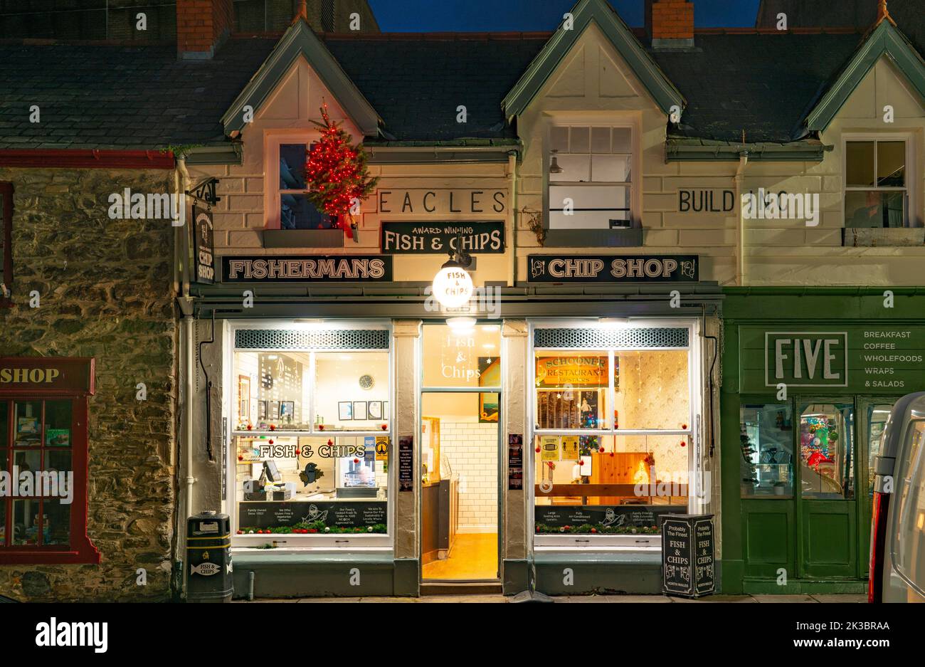 Fisherman's Chip Shop, Castle Street, Conwy, North Wales. Grade 2 listed and Formerly the Eagles Inn up until 1900. This image taken in December 2021. Stock Photo