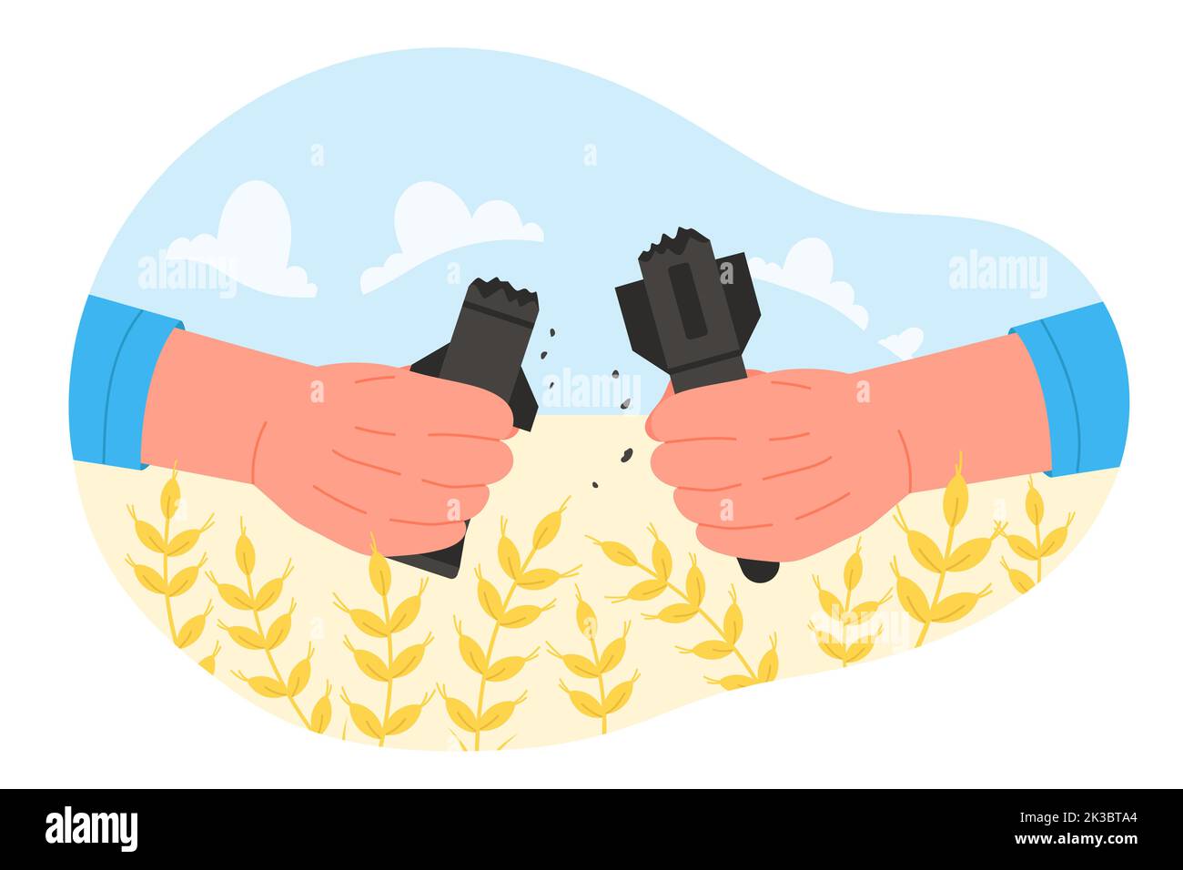 Hands breaking rocket over field of wheat to protect world and country from war vector illustration. Cartoon person holding broken missile, warning about military violence. Stop war, peace concept Stock Vector