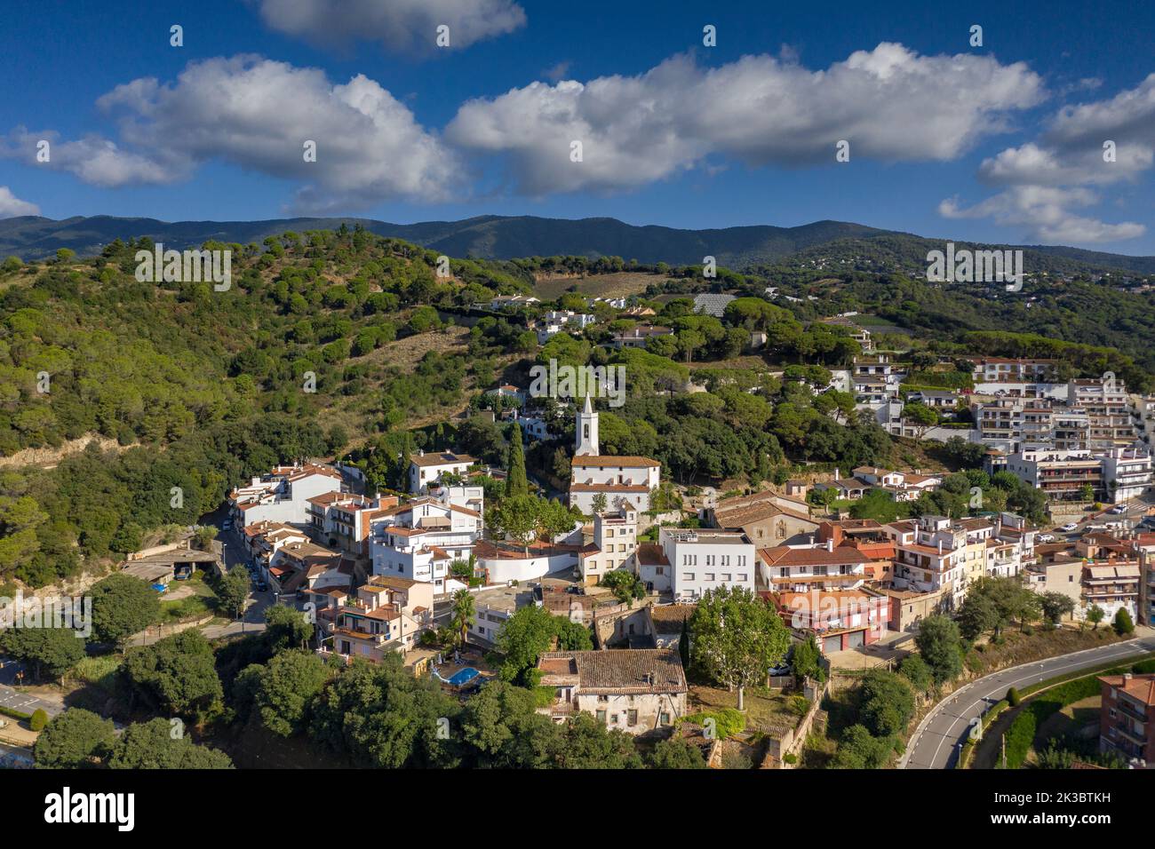 Aerial view of the town of Sant Cebrià de Vallalta. In the background, the Montnegre massif (Maresme, Barcelona, Catalonia, Spain) Stock Photo