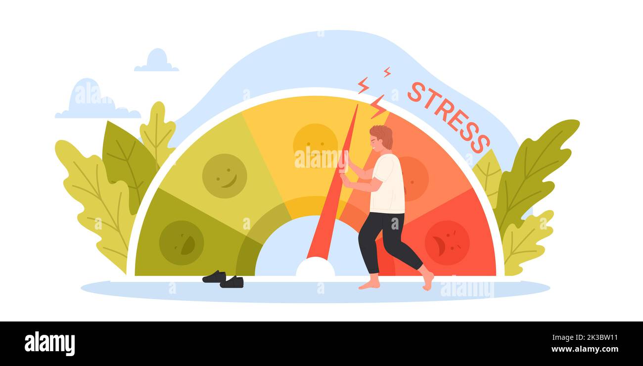 Business problem, pressure and crisis control vector illustration. Cartoon tiny man pushing with effort arrow on circular dial of stress meter to reduce pain, anxiety and tension, overload of emotions Stock Vector