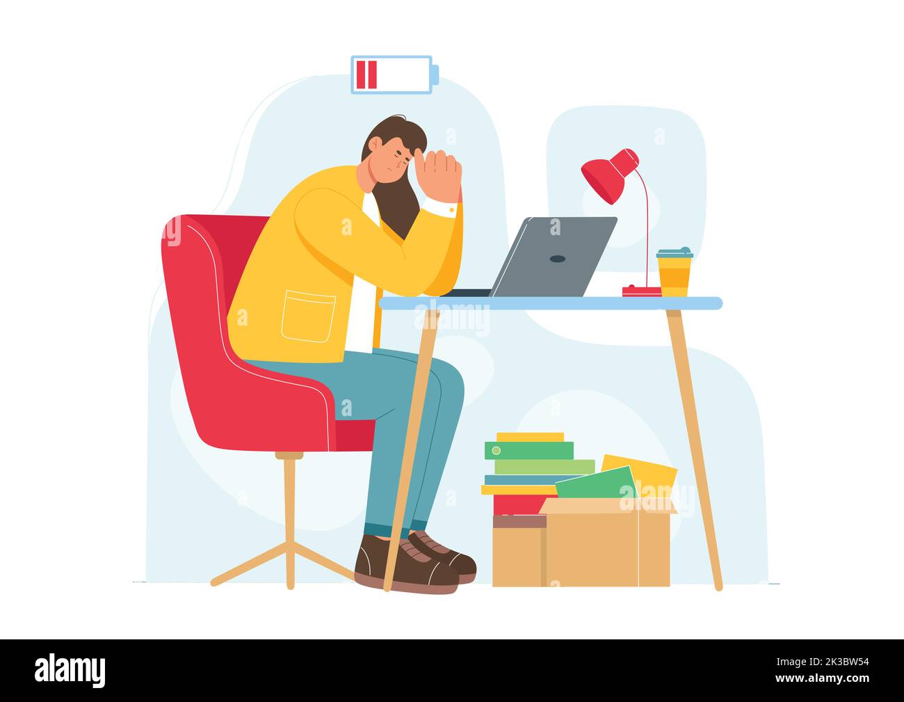 Stress and work burnout of tired employee vector illustration. Cartoon exhausted office worker character with low energy in battery sitting with laptop at desk, overworked person with health problem Stock Vector