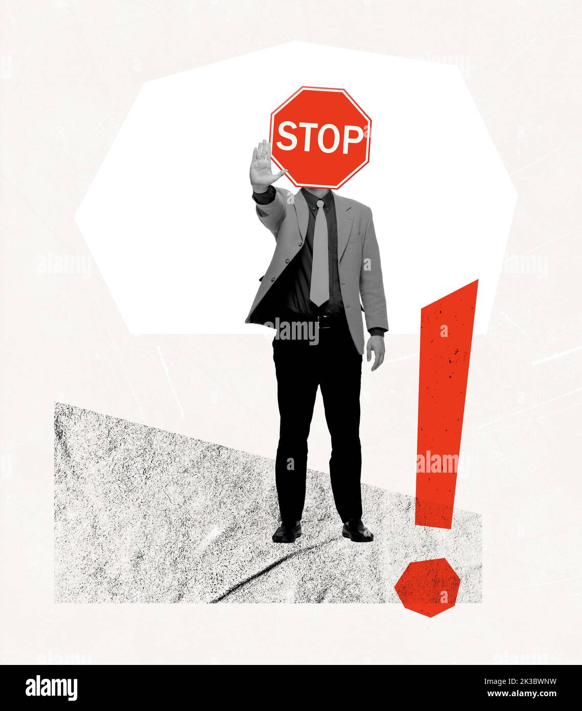 Contemporary art collage. Businessman with Stop road sign head standing ...