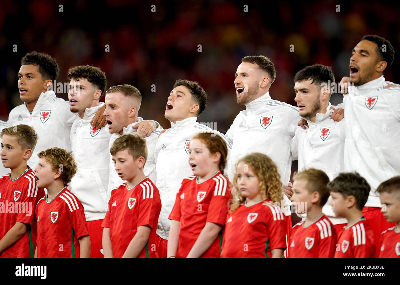 Left to right, Wales' Brennan Johnson, Neco Williams, Joe Morrell, Daniel James, Rhys Norrington-Davies, Dylan Levitt and Ben Cabango line up before the UEFA Nations League Group A Match at Cardiff City Stadium, Wales. Picture date: Sunday September 25, 2022. Stock Photo