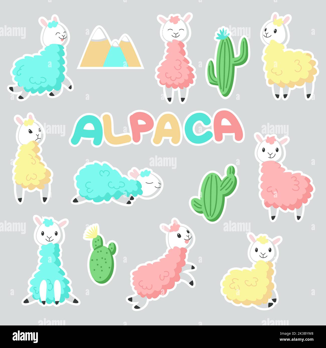 Cute alpaca stickers. Vector hand drawn funny pink, yellow, blue ...