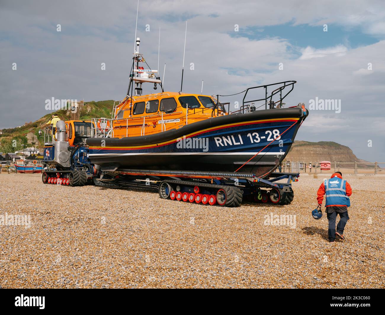 RNLI Hastings Lifeboat Station Shannon class all weather lifeboat and  launch and recovery tractor, Hastings East Sussex England UK Stock Photo