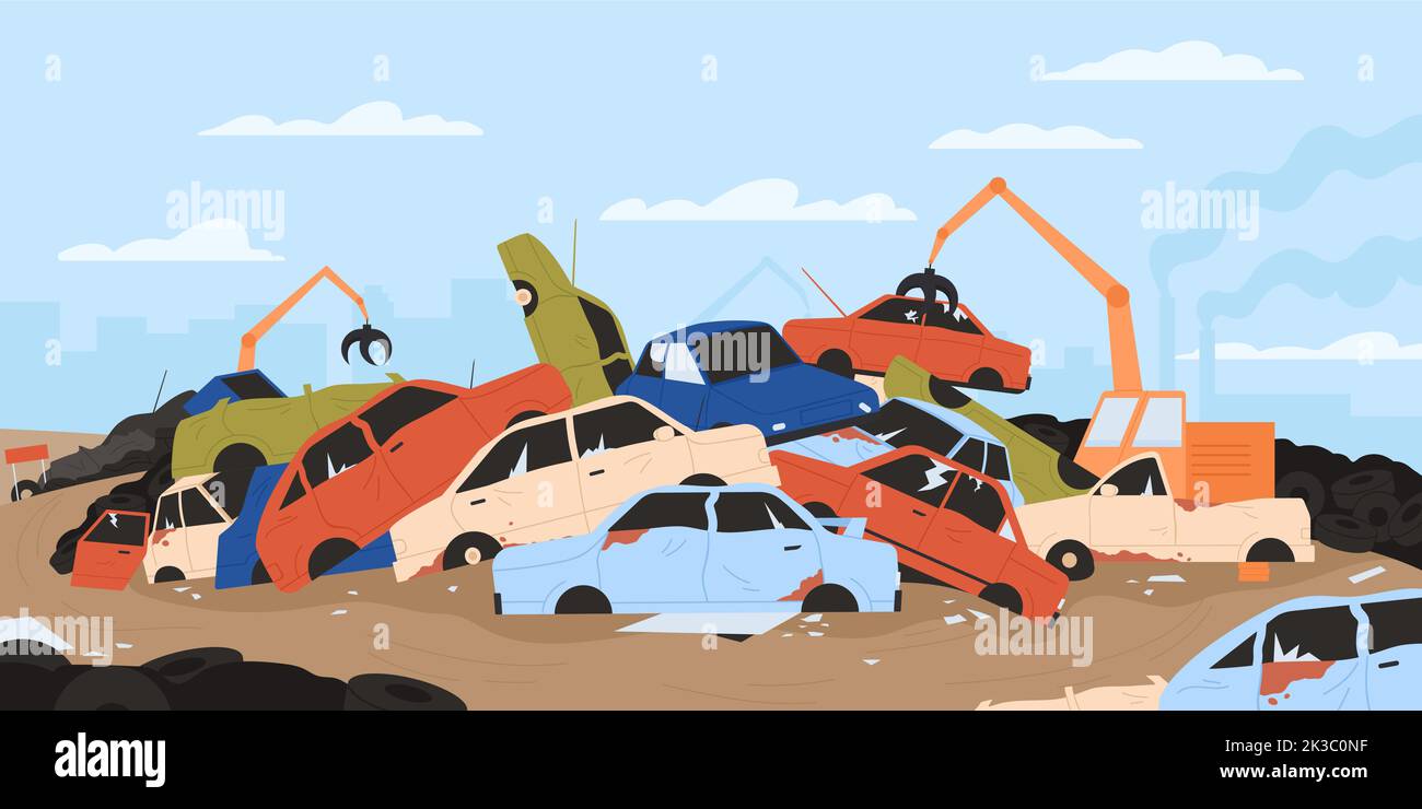 Dump junkyard with metal parts of cars for recycling vector illustration. Cartoon steel crane dismantling piles of broken vehicles, stack of abandoned auto trash in scrapyard to recycle background Stock Vector