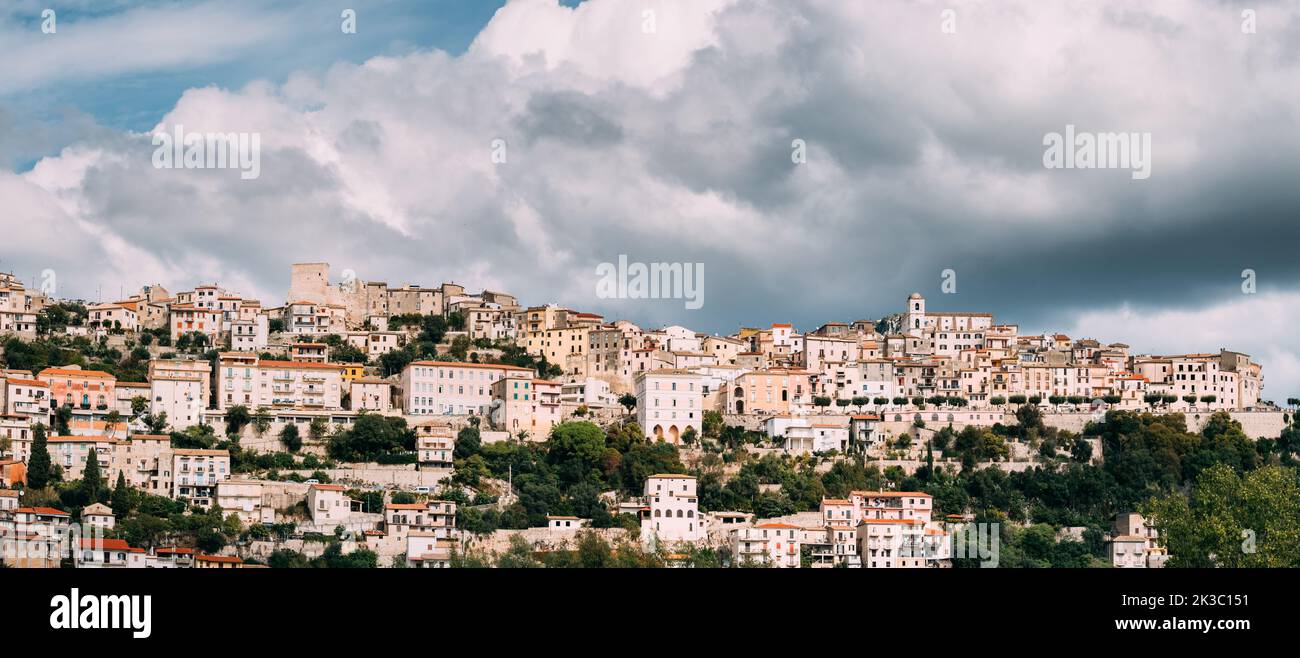 Monte San Biagio, Italy. Top View Of Residential Area. Cityscape In Autumn Day Under Blue Cloudy Sky. Stock Photo