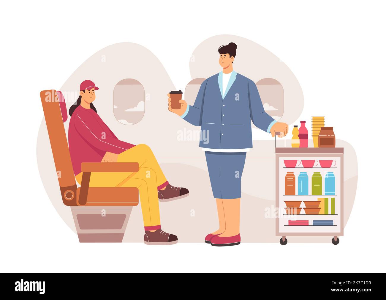 Hospitality service in airplane vector illustration. Cartoon stewardess holding coffee and handle of trolley, woman serving food and drink to passenger, man sitting in comfortable seat by window Stock Vector