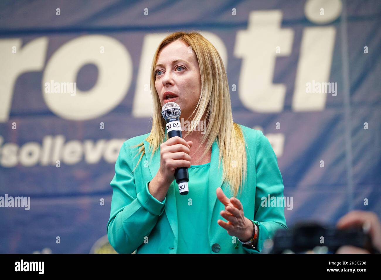 Electoral rally by Giorgia Meloni, leader of Fratelli d'Italia party, candidate for premier in the political elections. Turin, Italy - September 2022 Stock Photo