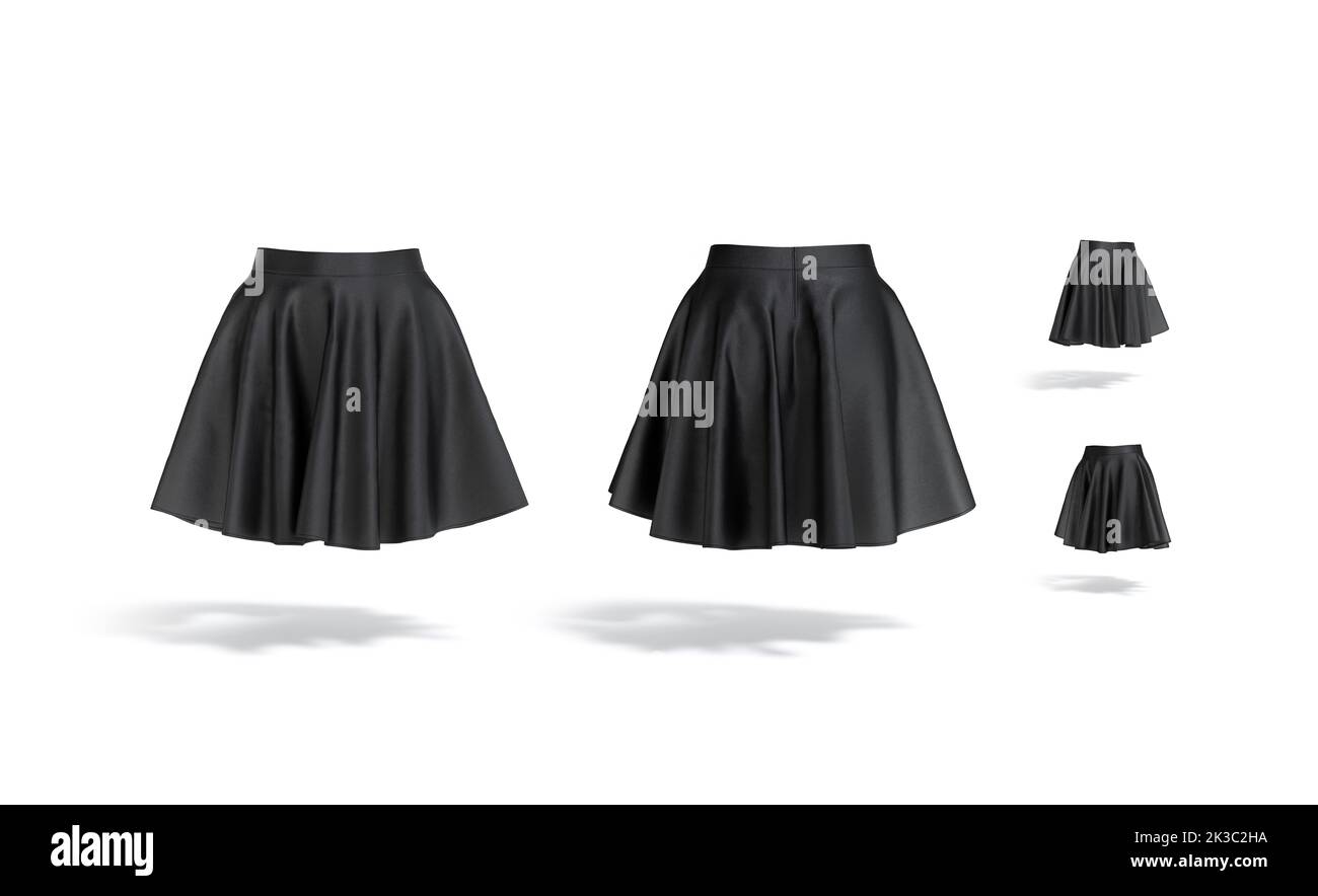 Blank black women mini skirt mockup, different views, 3d rendering. Empty elegant short a-line dress mock up, isolated. Clear loose draped female pett Stock Photo