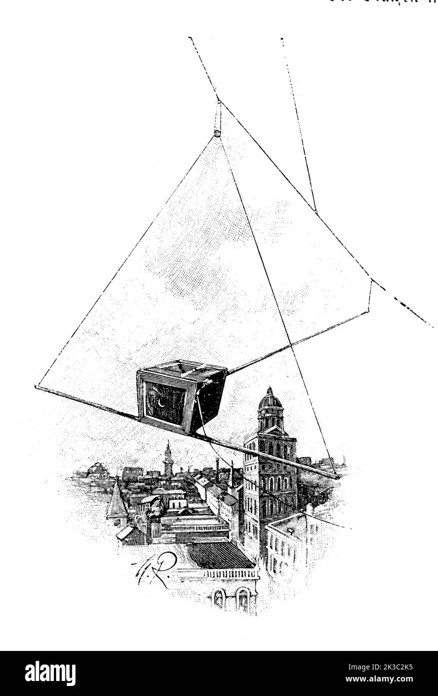 Eddys photographische Luftkamera an einem Drachen, 1888, England  /  Eddy's photographic aerial camera on a kite, 1888, England, Historisch, digital restaurierte Reproduktion einer Originalvorlage aus dem 19. Jahrhundert, genaues Originaldatum nicht bekannt  /  historical, digital improved reproduction of an original from the 19th century, Stock Photo