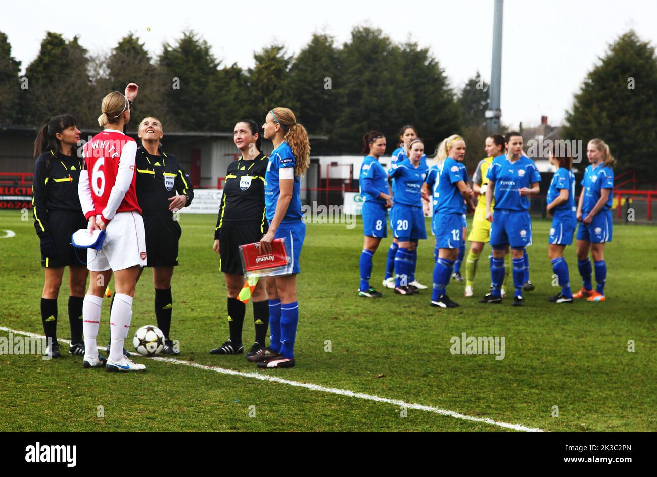 Champions League quarterfinals, Arsenal vs. Linköping football club. Linköping FC took the lead in the Champions League quarter-final against Arsenal at Meadow Park outside London, UK. In the picture: To the left, no. 6 Faye White and no. 7 Charlotte Rohlin, Linköpings FC. Stock Photo