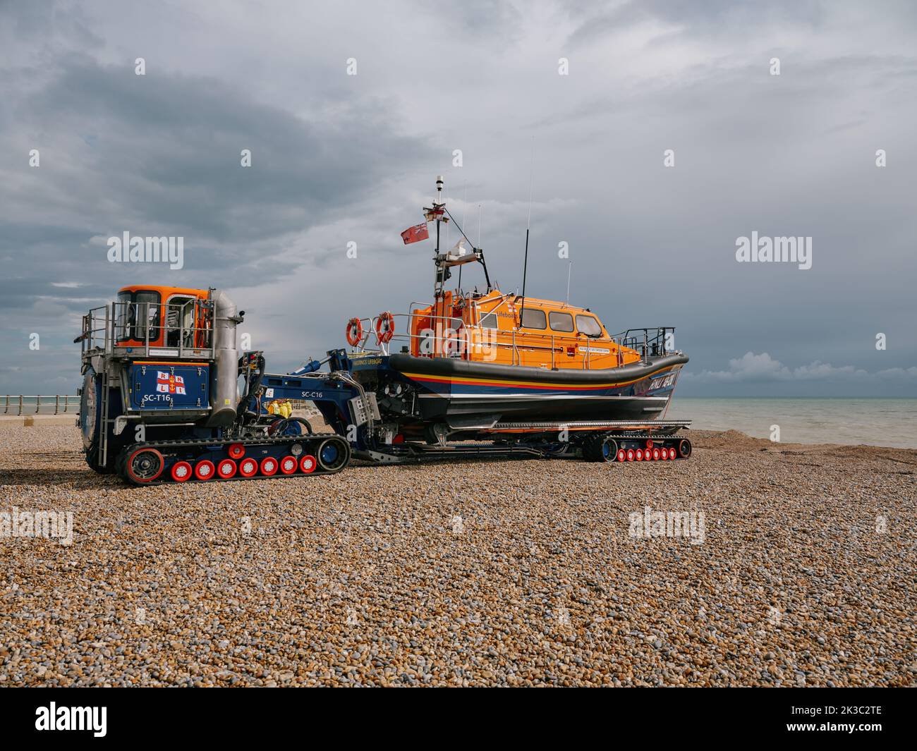 RNLI Hastings Lifeboat Station Shannon class all weather lifeboat and  launch and recovery tractor, Hastings East Sussex England UK Stock Photo