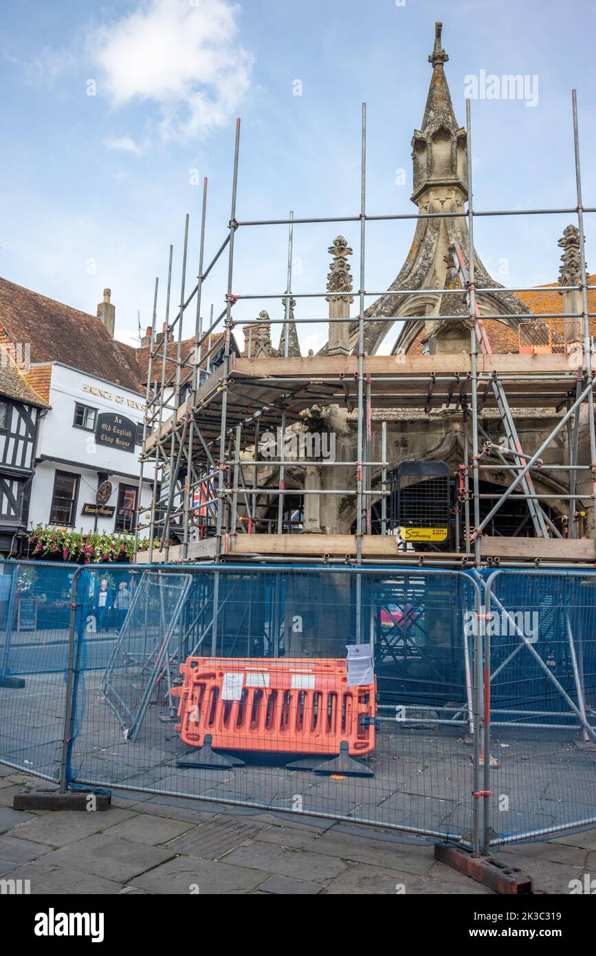 Poultry Cross in Salisbury surrounded by scaffolding after a car crashed into it in May 2022 causing structural damage, Wiltishire, UK Stock Photo
