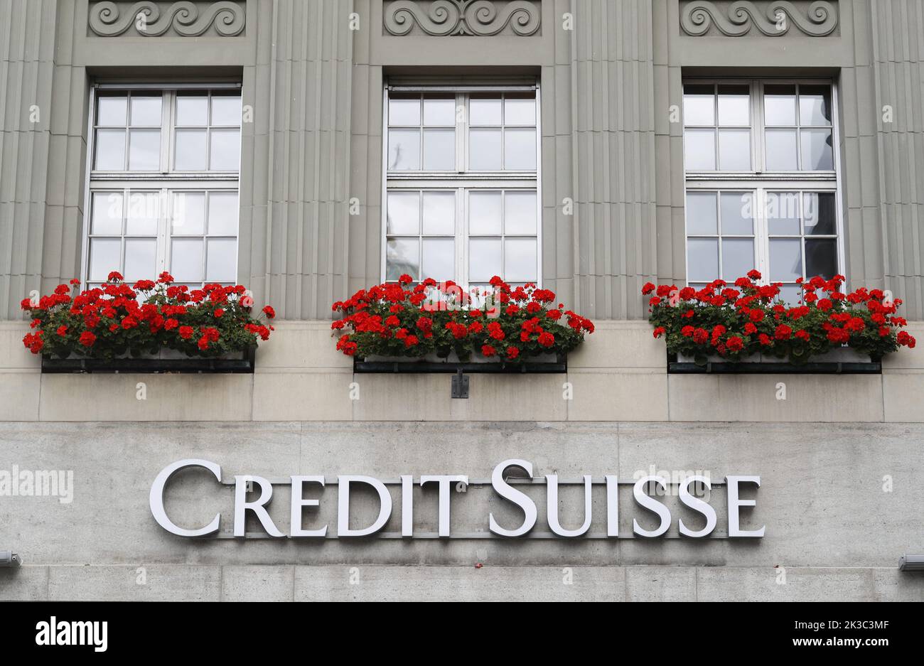 The logo of Swiss bank Credit Suisse is seen at a branch office in Bern, Switzerland September 26, 2022.    REUTERS/Arnd Wiegmann Stock Photo