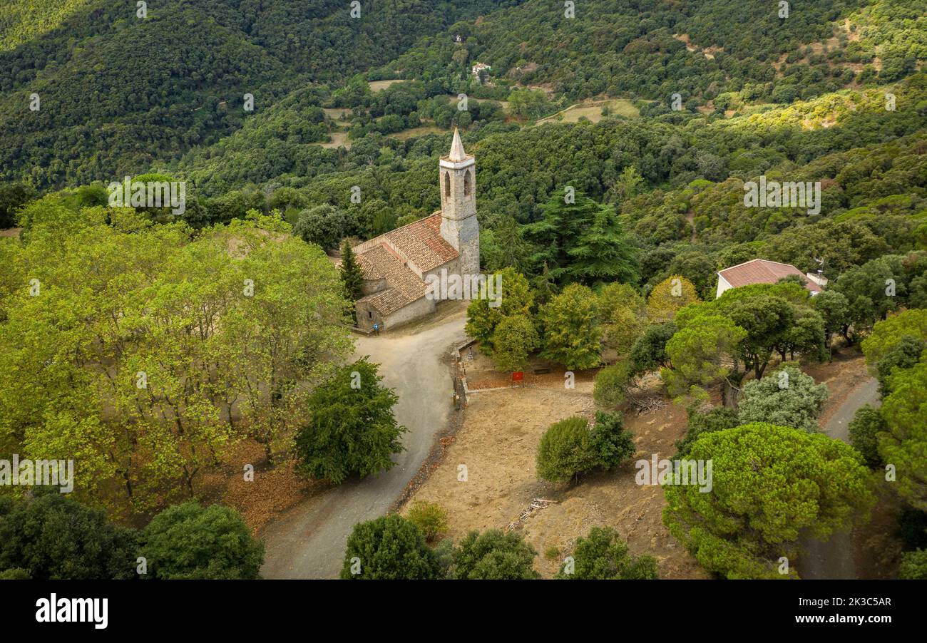 Aerial view of the village of Hortsavinyà, located inside the Montnegre mountain (Maresme, Barcelona, Catalonia, Spain) Stock Photo