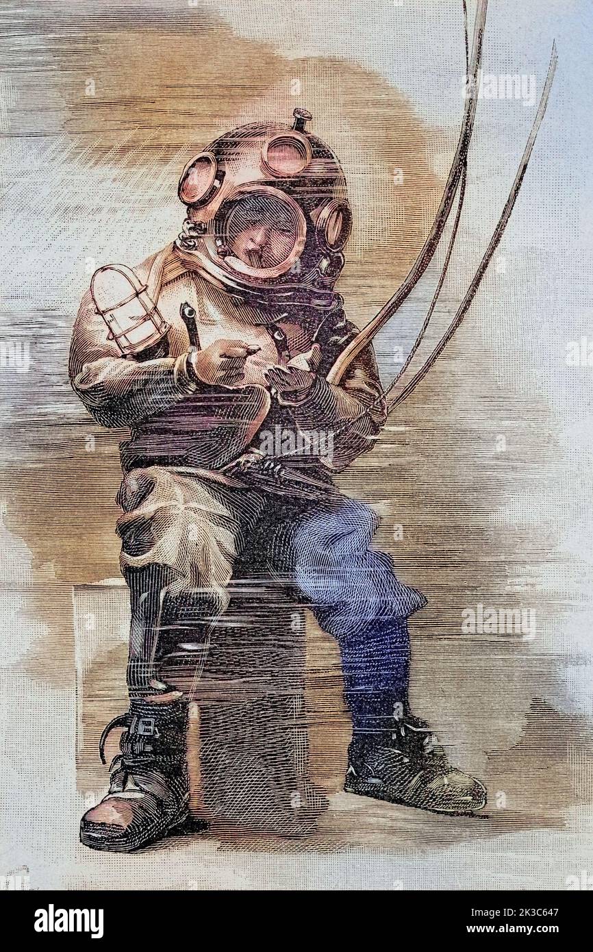 Taucher in voller Ausrüstung unter Wasser, 1885, England  /  Diver in full equipment under water, 1885, England, Historisch, digital restaurierte Reproduktion einer Originalvorlage aus dem 19. Jahrhundert, genaues Originaldatum nicht bekannt  /  historical, digital improved reproduction of an original from the 19th century, Stock Photo