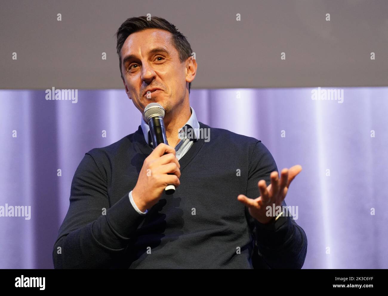 Former England footballer and Sky Sports pundit Gary Neville speaking at a fringe meeting on the future of English football during the Labour Party Conference at the ACC Liverpool. Picture date: Monday September 26, 2022. Stock Photo