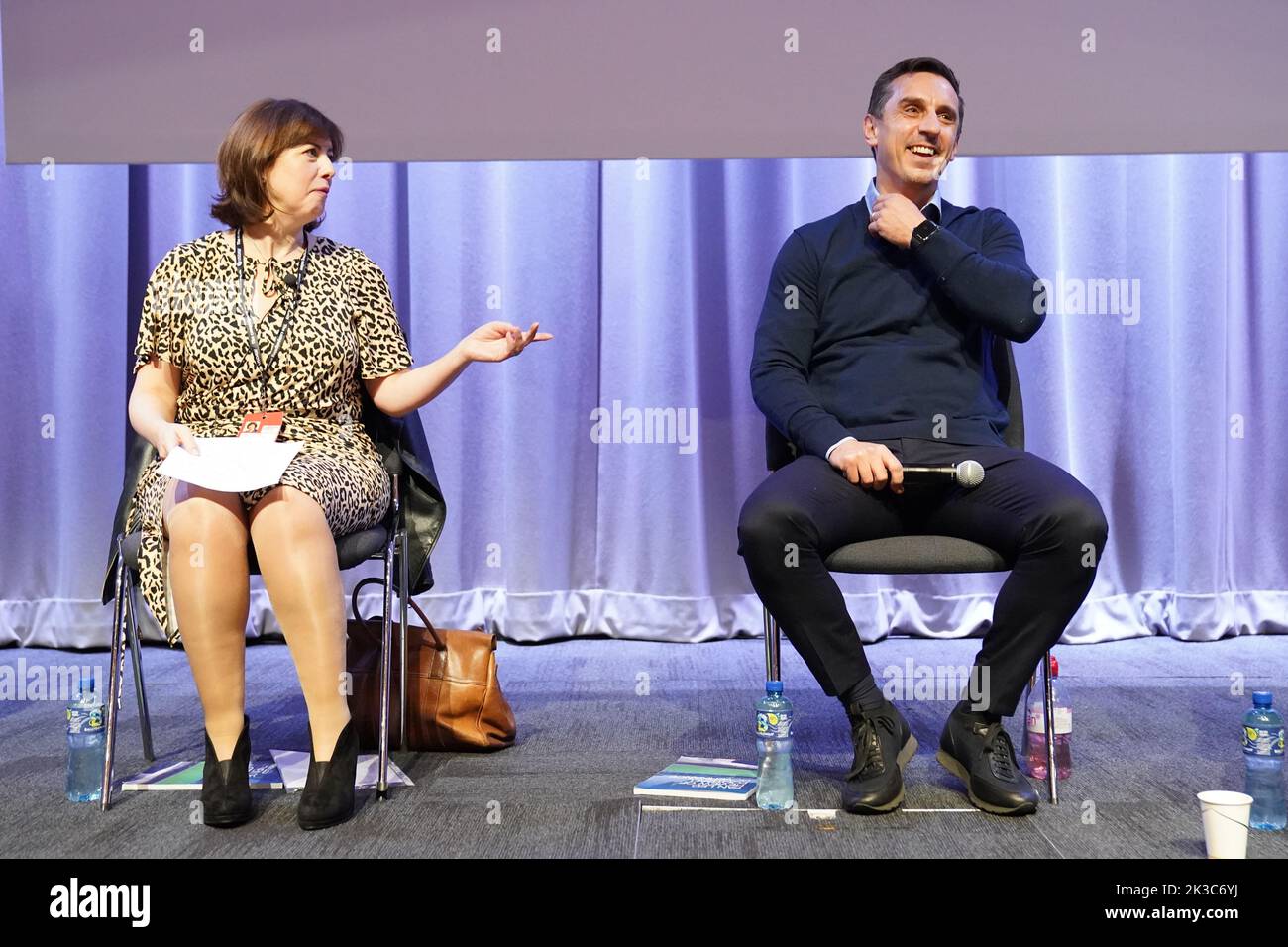Former England footballer and Sky Sports pundit Gary Neville, with shadow culture secretary Lucy Powell, speaking at a fringe meeting on the future of English football during the Labour Party Conference at the ACC Liverpool. Picture date: Monday September 26, 2022. Stock Photo