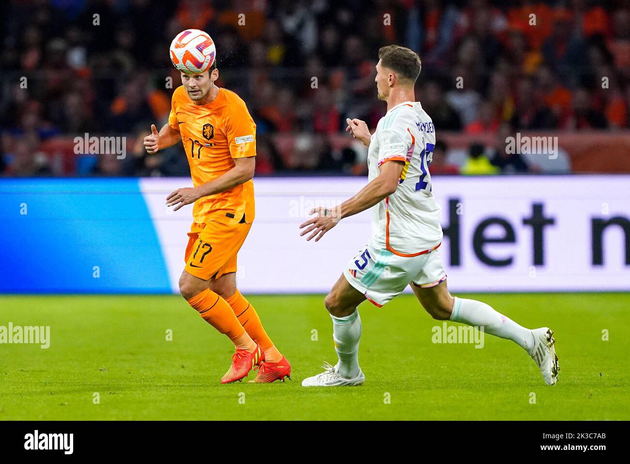 Amsterdam, Netherlands. 25th Sep, 2022. AMSTERDAM, NETHERLANDS - SEPTEMBER 25: Daley Blind of The Netherlands, Thomas Meunier of Belgium during the UEFA Nations League A Group 4 match between Netherlands and Belgium at Johan Cruijff ArenA on September 25, 2022 in Amsterdam, Netherlands (Photo by Andre Weening/Orange Pictures) Credit: Orange Pics BV/Alamy Live News Stock Photo