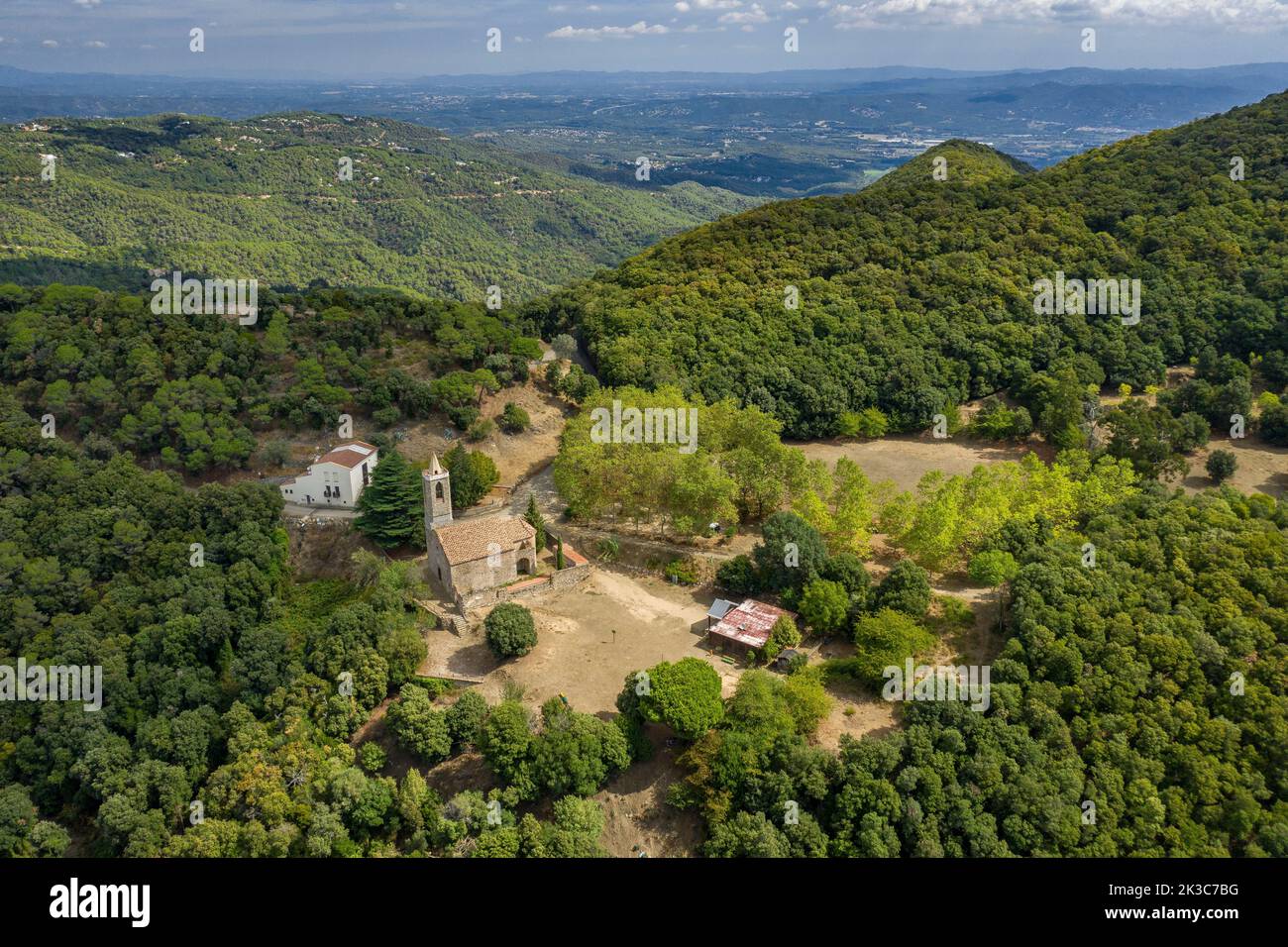 Aerial view of the village of Hortsavinyà, located inside the Montnegre mountain (Maresme, Barcelona, Catalonia, Spain) Stock Photo