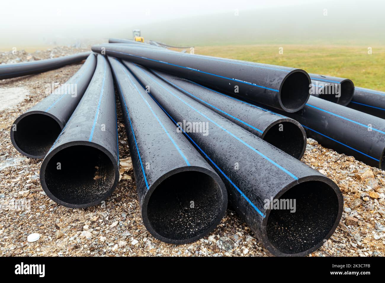 Road construction and storm water pipes for sanitary sewer, selective focus Stock Photo