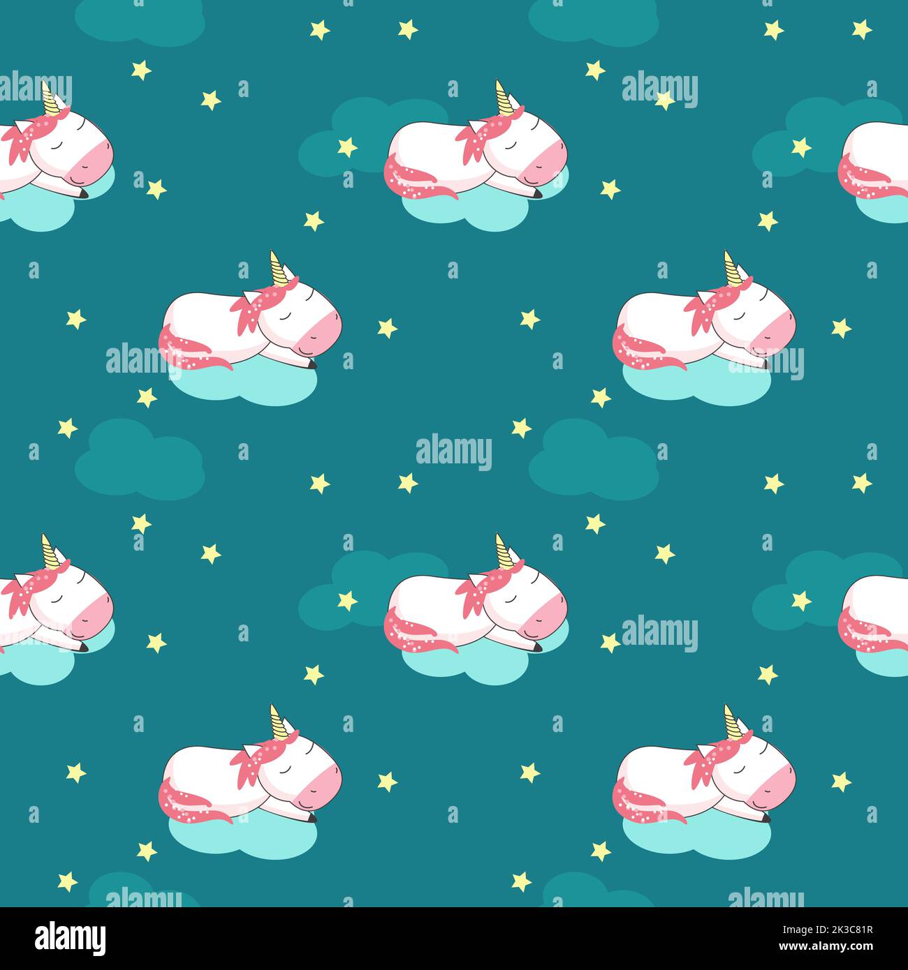 Magic unicorn seamless pattern. Vector hand drawn unicorns sleeping on ...