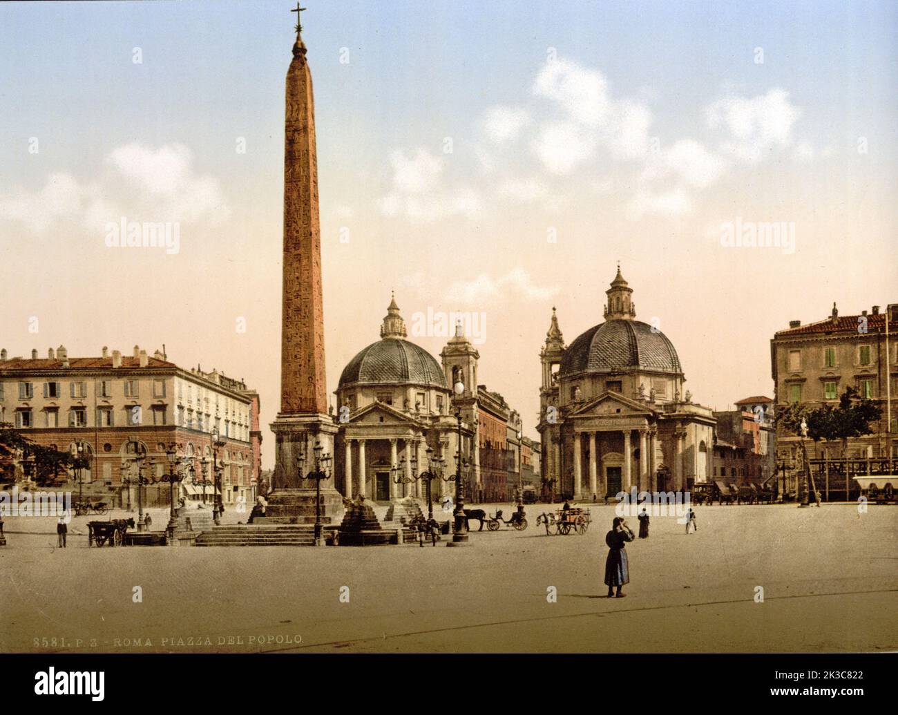 Photochrome Print ca 1900, View of Rome Piazza del Popolo, Italy Stock Photo