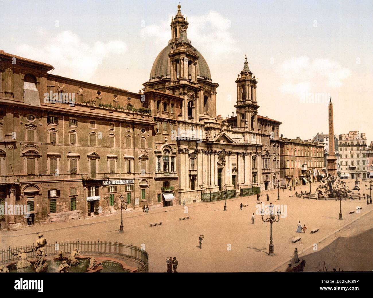 View of Rome ca 1900  in a Photochrome print, Piazza Navona Stock Photo