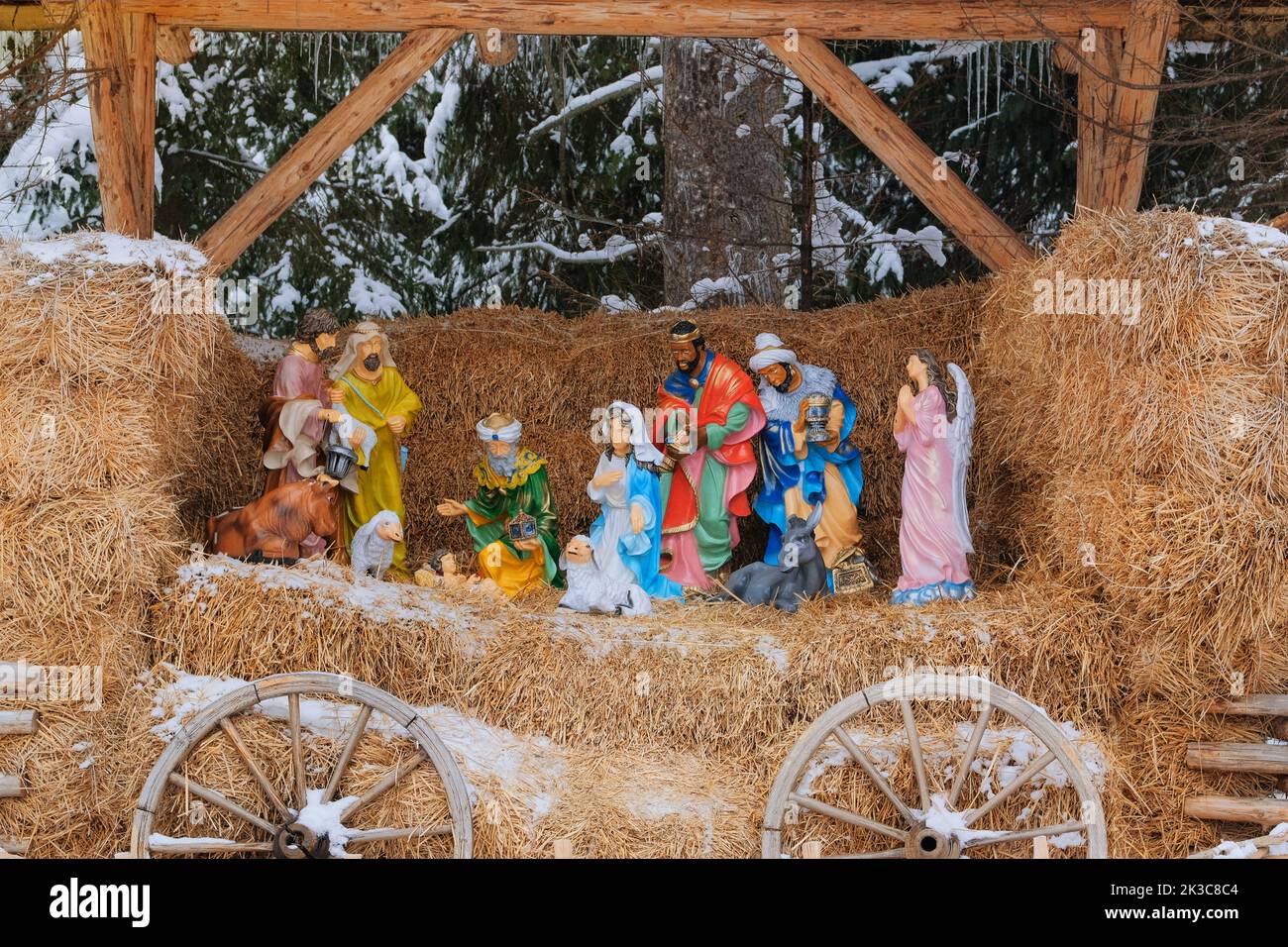 Christmas Nativity scene. Festive installation. Night with the birth of Jesus. Stock Photo