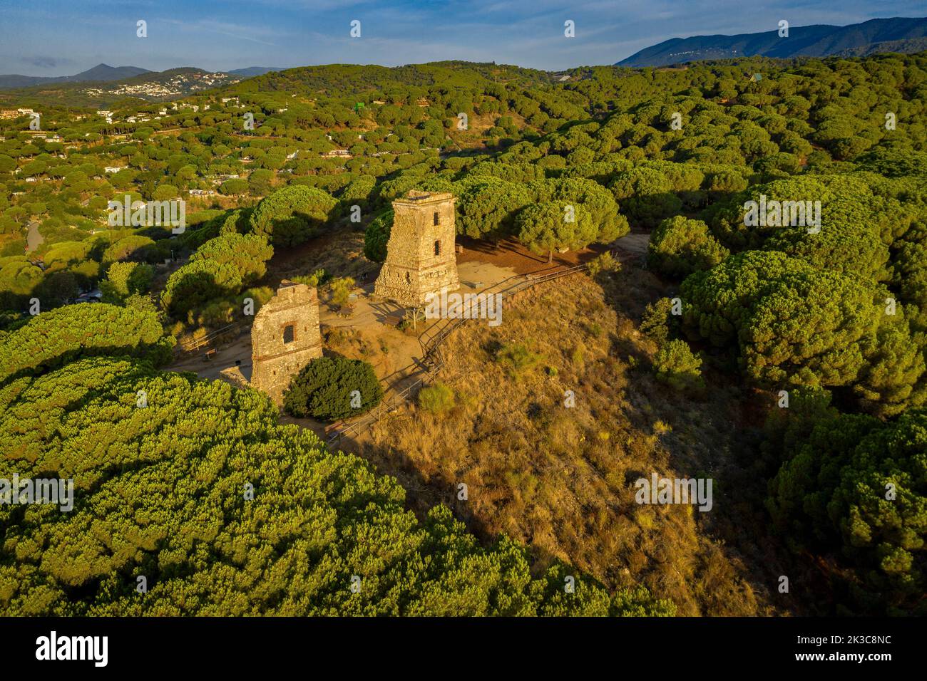 Aerial view of Torretes de Calella, surrounded by stone pine forest (Calella, Maresme, Barcelona, Catalonia, Spain) Stock Photo