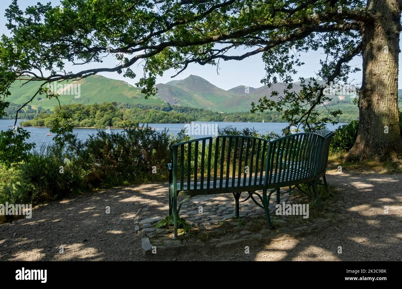 Seat bench looking across Derwentwater towards Catbells and Causey Pike in summer near Keswick Lake District National Park Cumbria England UK Stock Photo